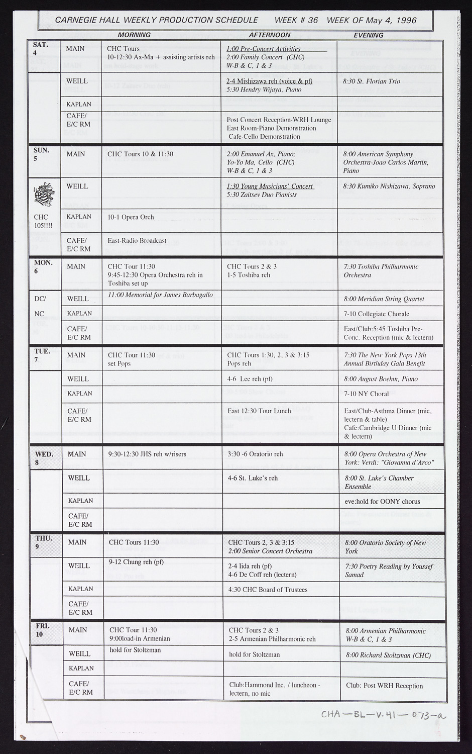 Carnegie Hall Booking Ledger, volume 41, page 73a