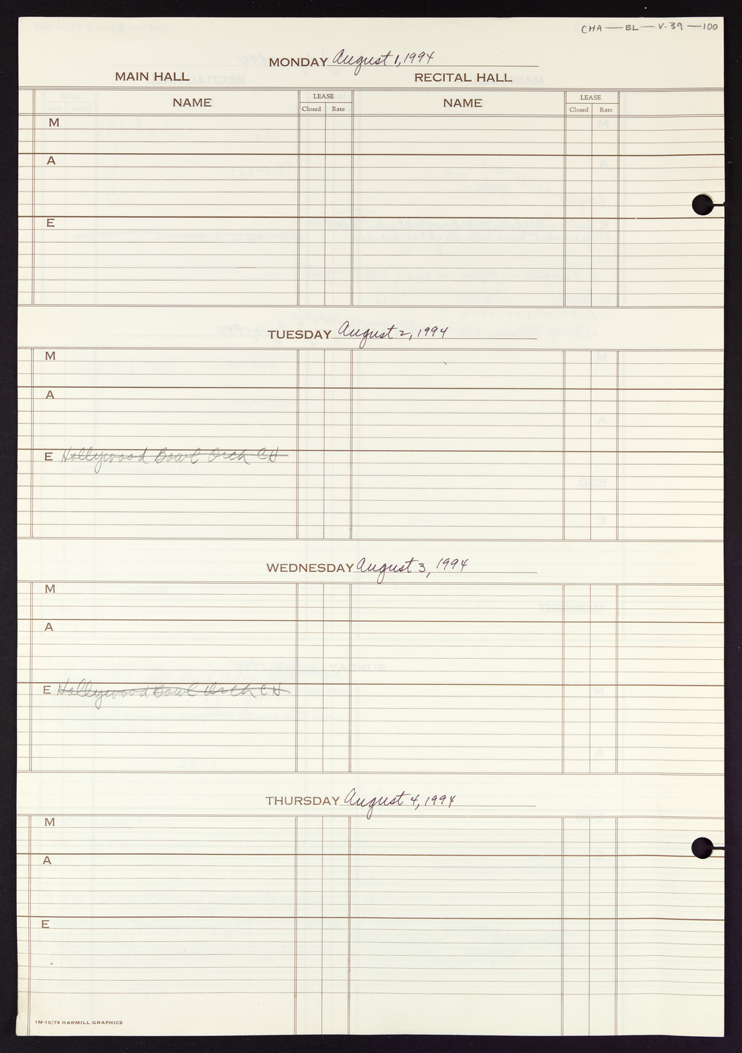 Carnegie Hall Booking Ledger, volume 39, page 100