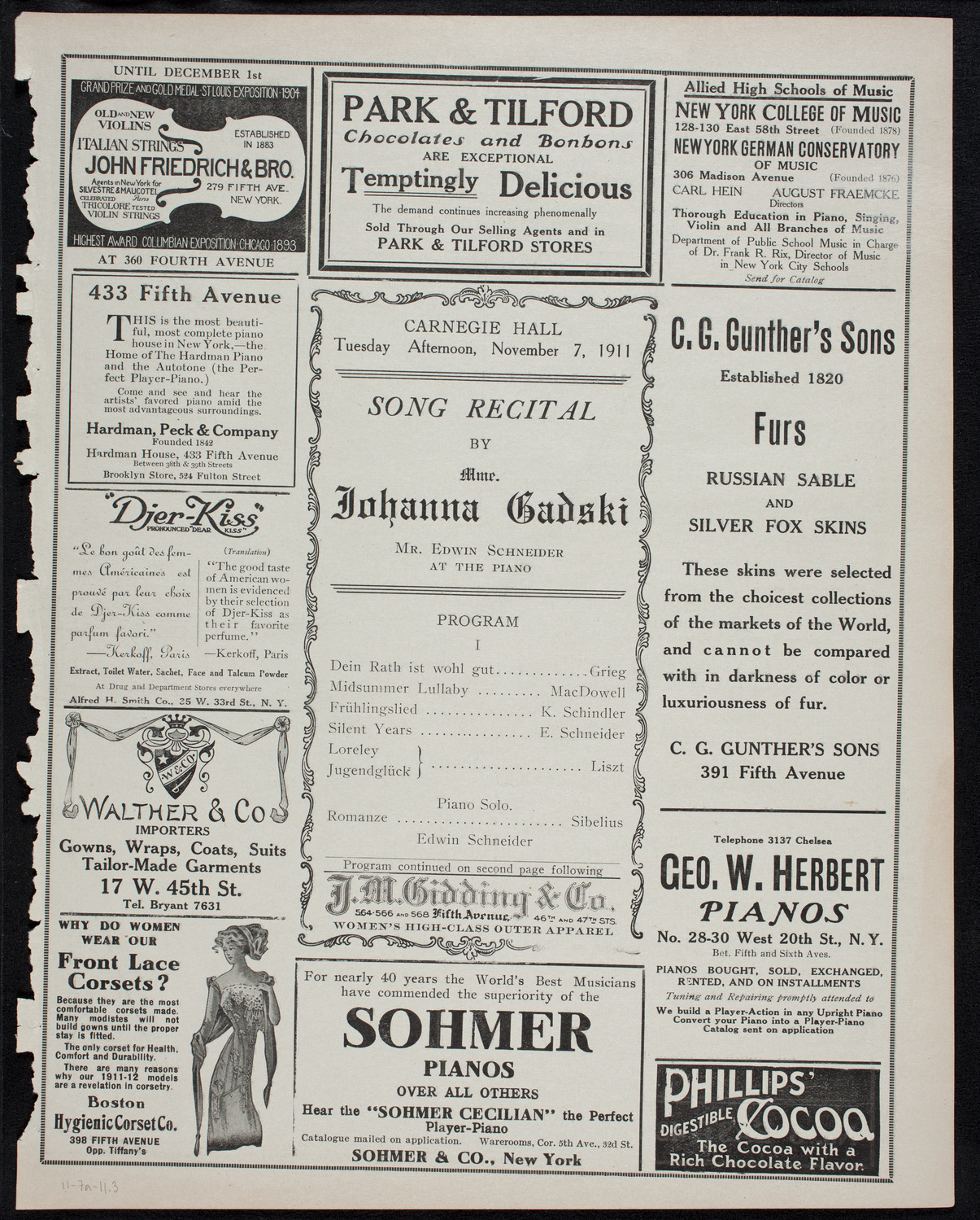 Johanna Gadski, Soprano, November 7, 1911, program page 5