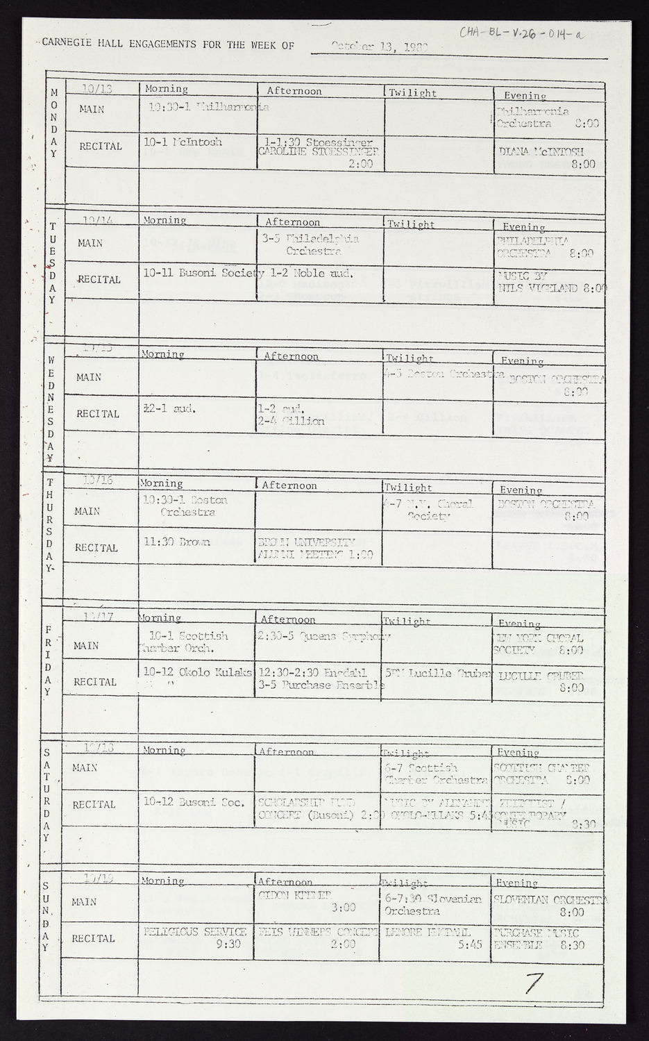 Carnegie Hall Booking Ledger, volume 26, page 14a