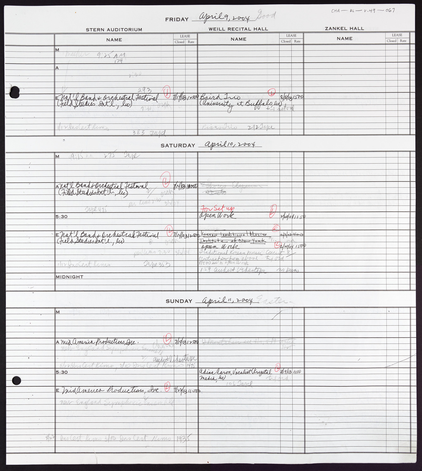 Carnegie Hall Booking Ledger, volume 49, page 67