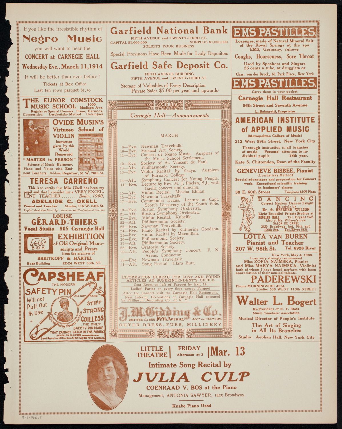 New York Philharmonic, March 8, 1914, program page 3