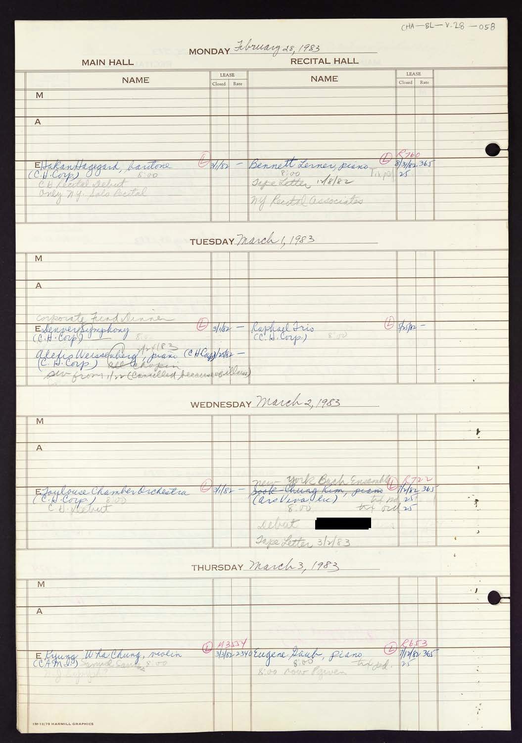 Carnegie Hall Booking Ledger, volume 28, page 58