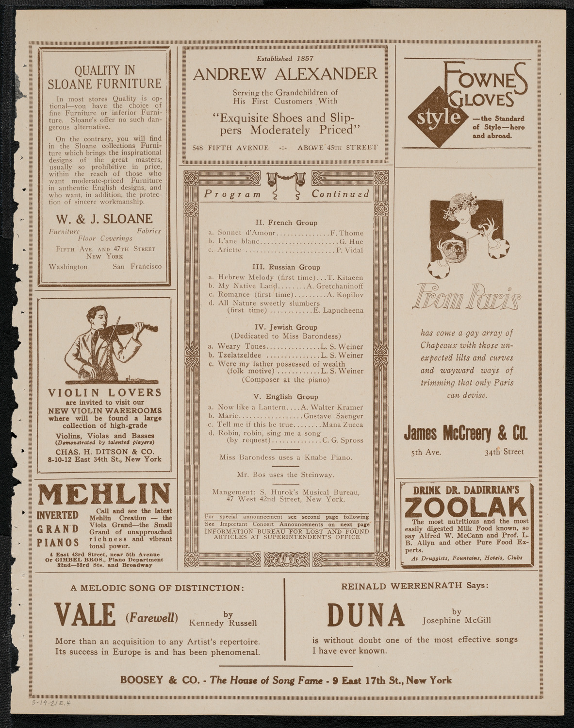 Jean Barondess, Soprano, March 19, 1921, program page 7