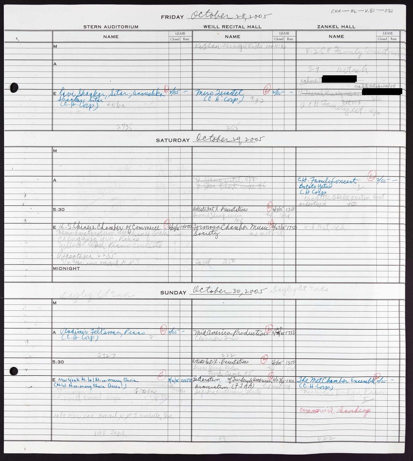 Carnegie Hall Booking Ledger, volume 51, page 21