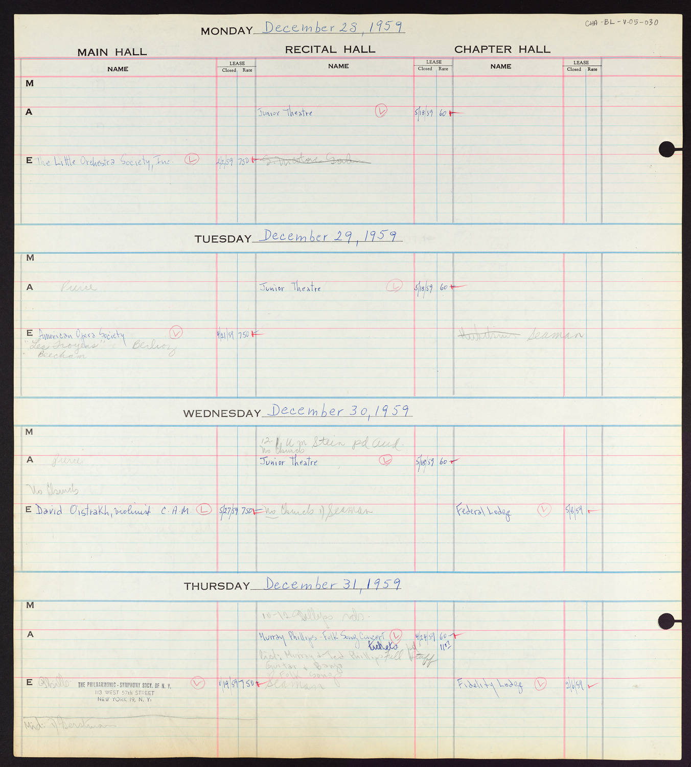 Carnegie Hall Booking Ledger, volume 5, page 30