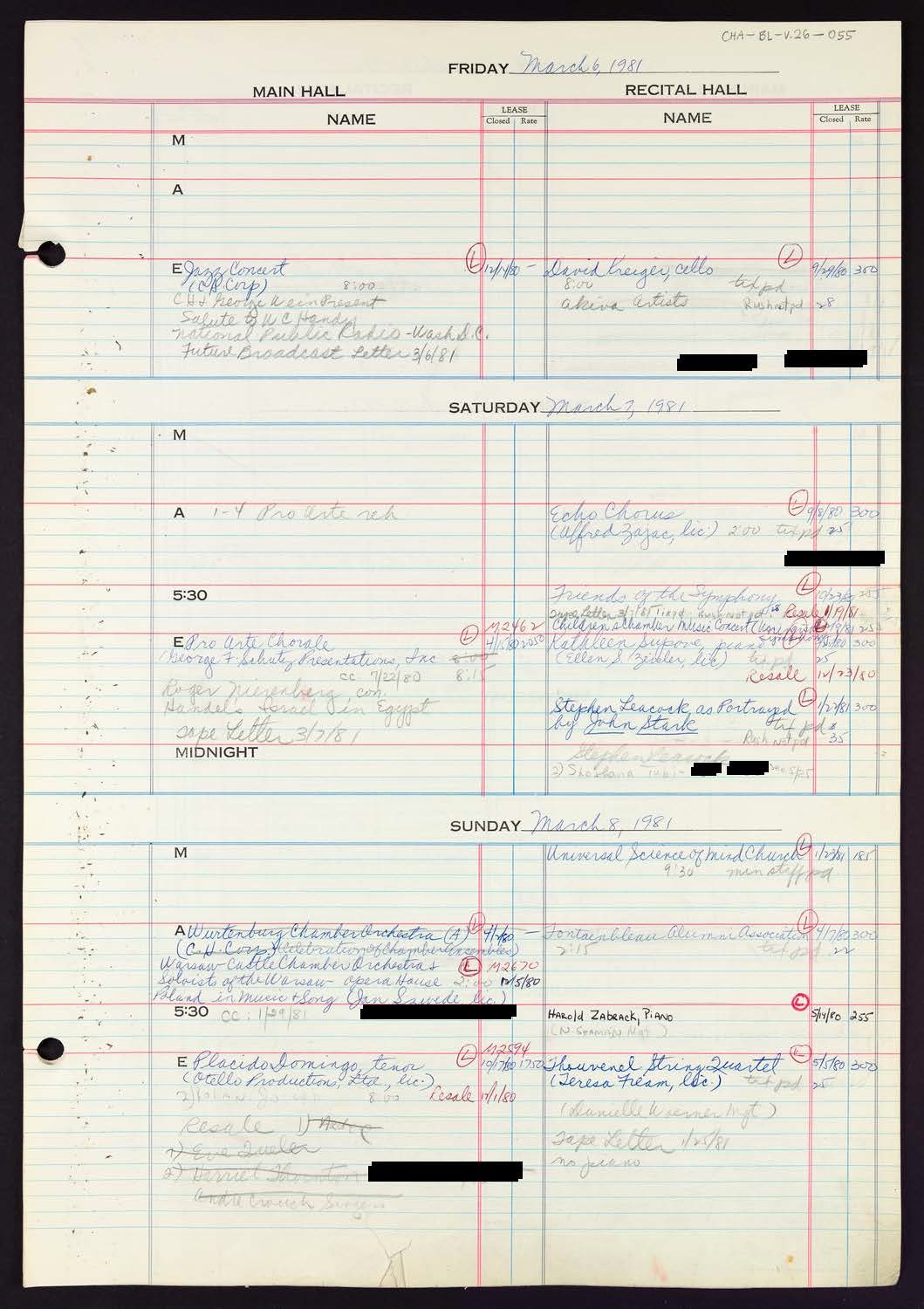 Carnegie Hall Booking Ledger, volume 26, page 55