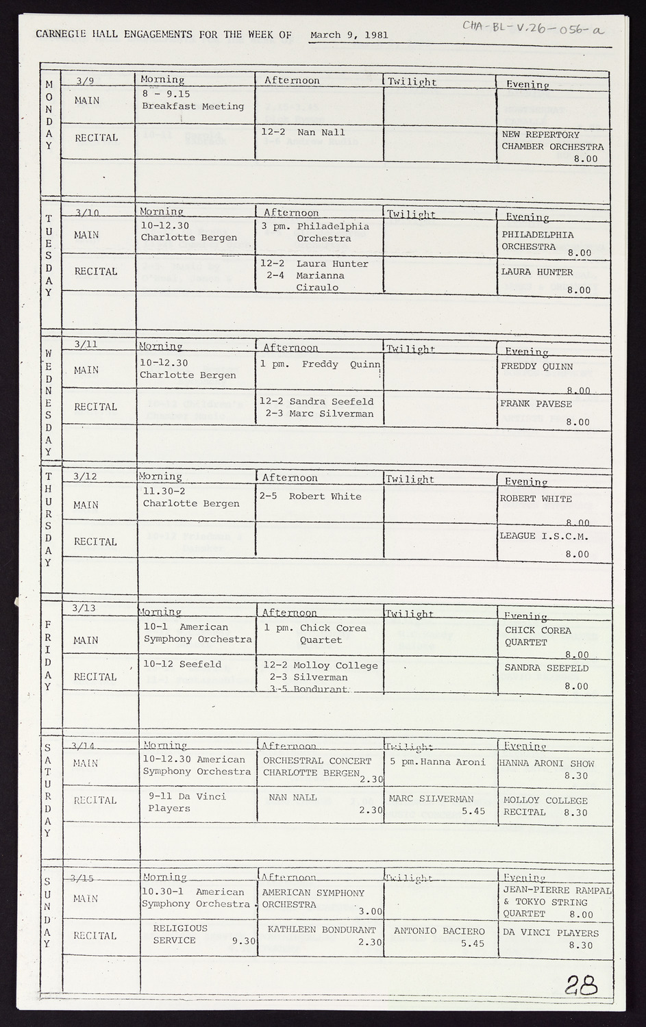 Carnegie Hall Booking Ledger, volume 26, page 56a