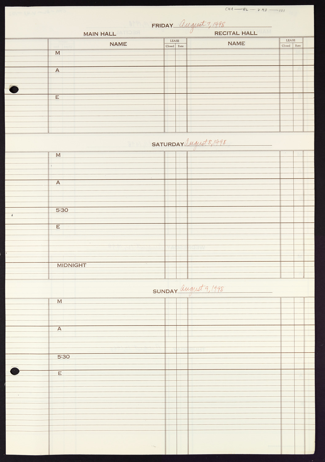 Carnegie Hall Booking Ledger, volume 43, page 101