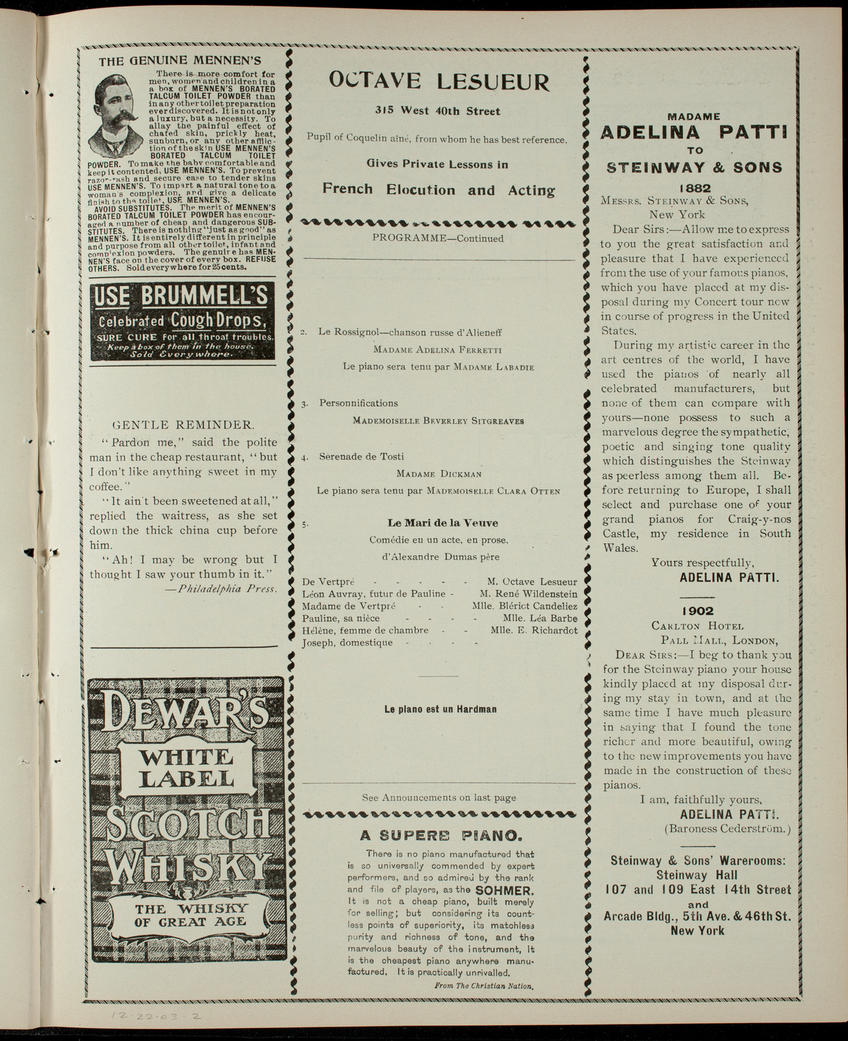 Centennial Commemoration of Alexandre Dumas, December 22, 1903, program page 3