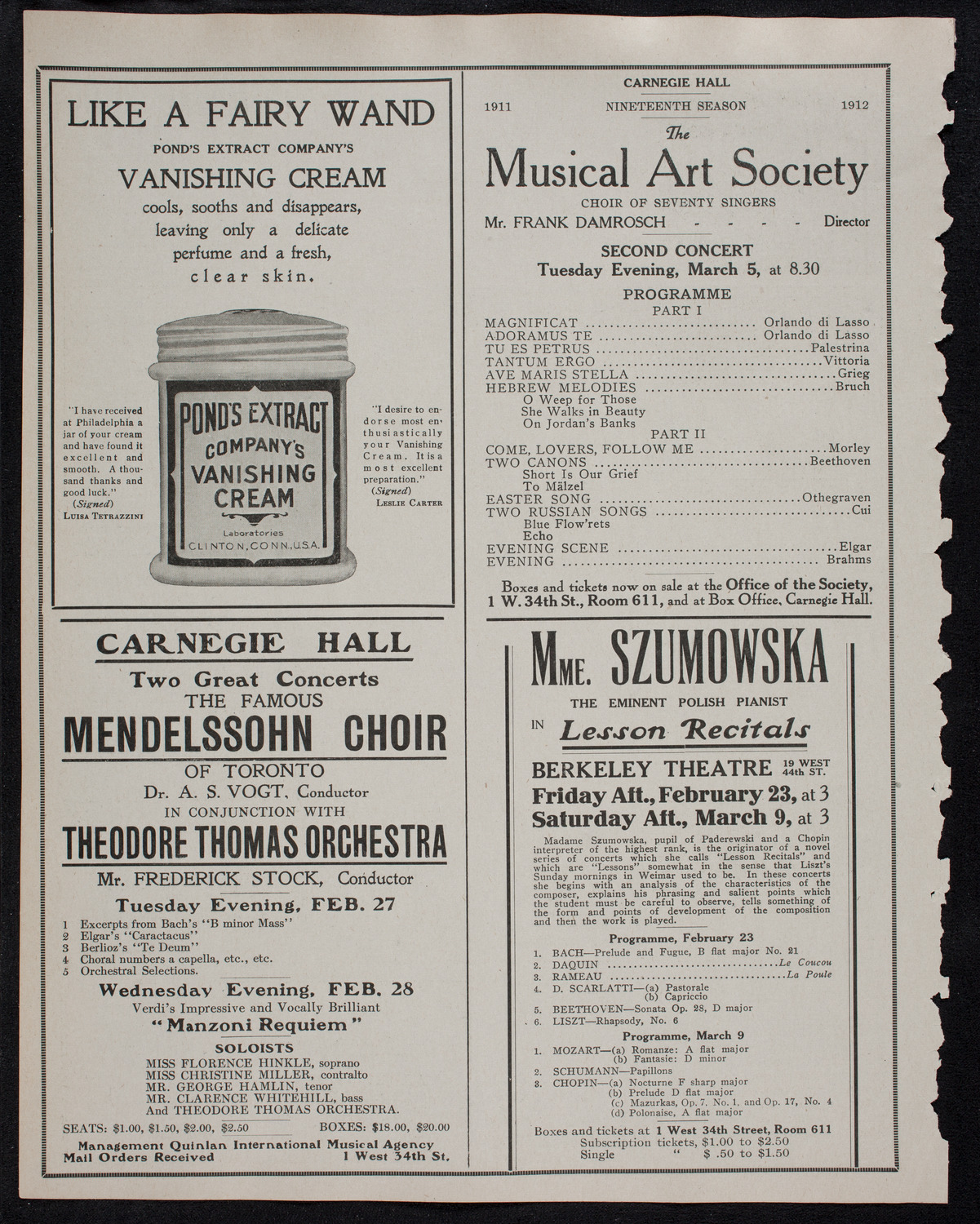 New York Philharmonic, February 18, 1912, program page 8