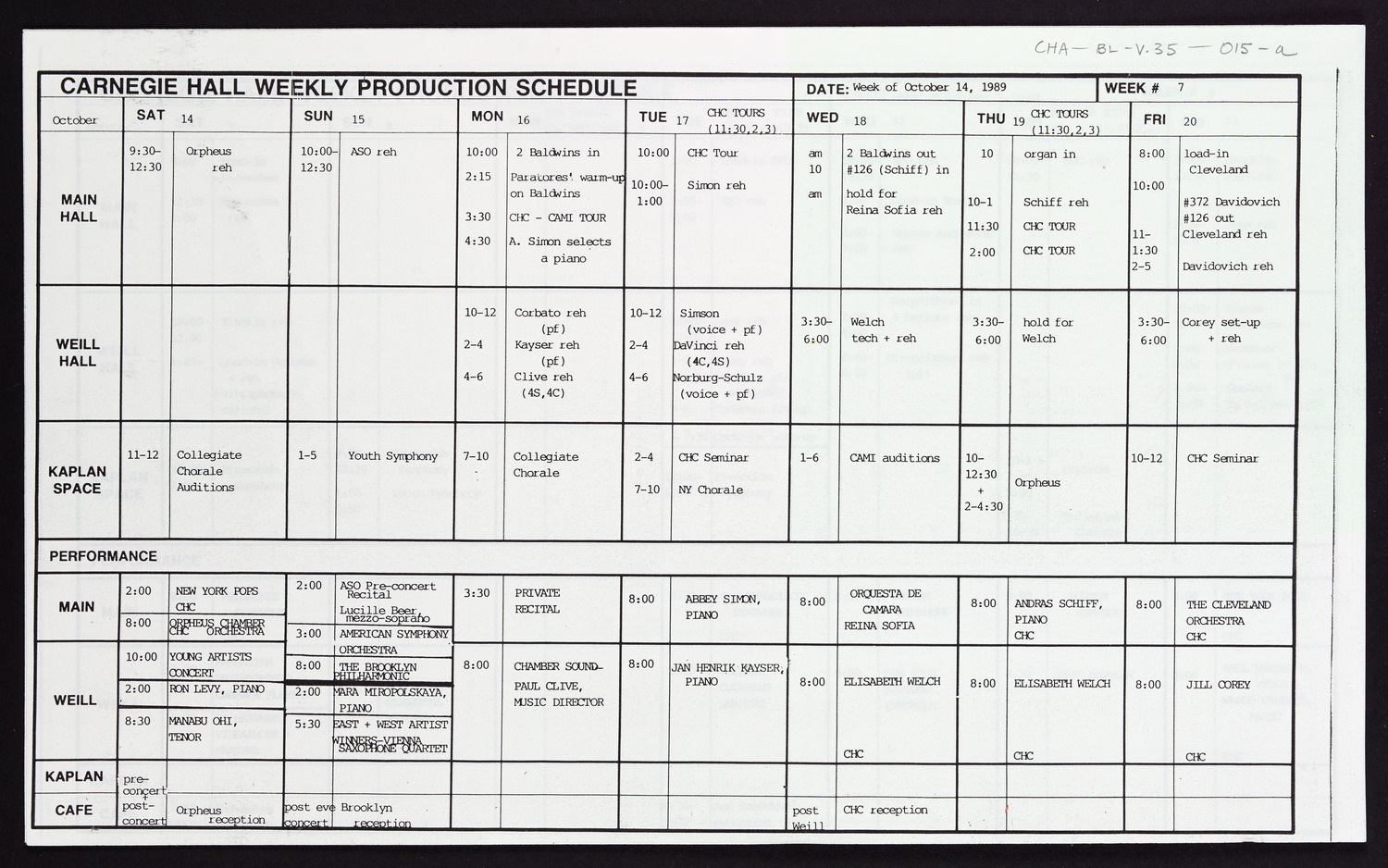 Carnegie Hall Booking Ledger, volume 35, page 15a