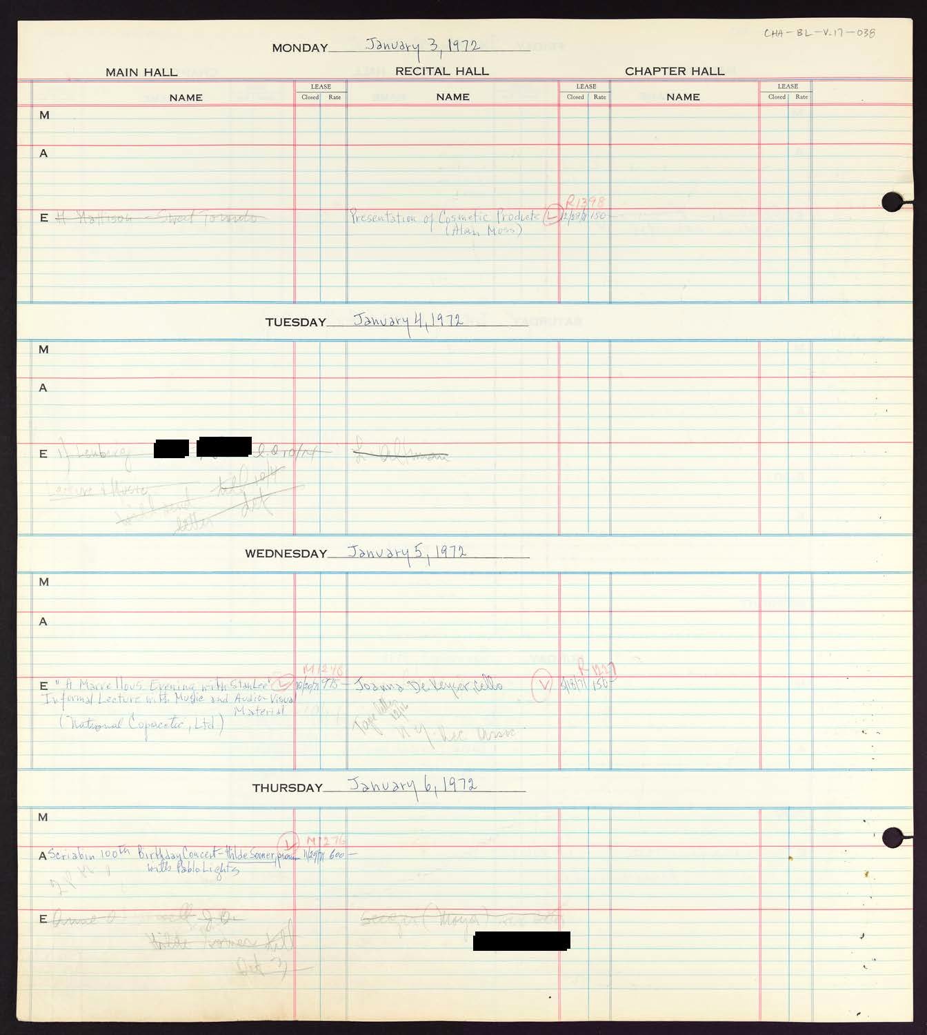 Carnegie Hall Booking Ledger, volume 17, page 38