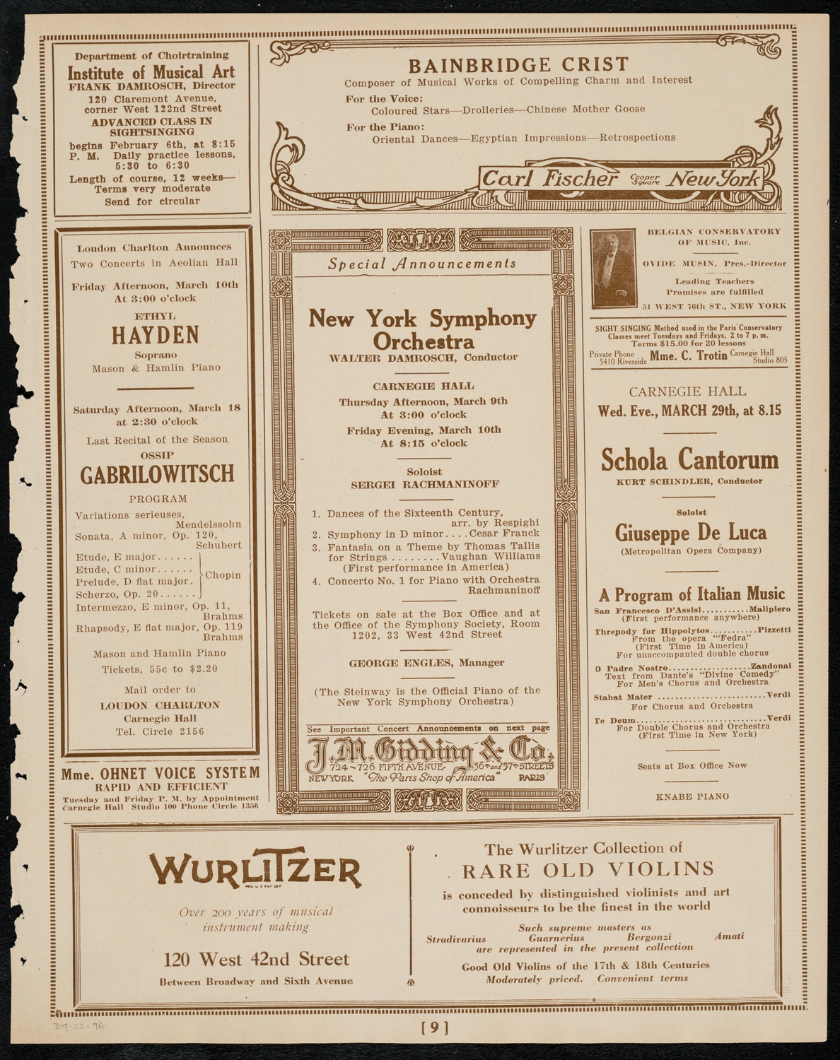 New York Symphony Orchestra, March 9, 1922, program page 9