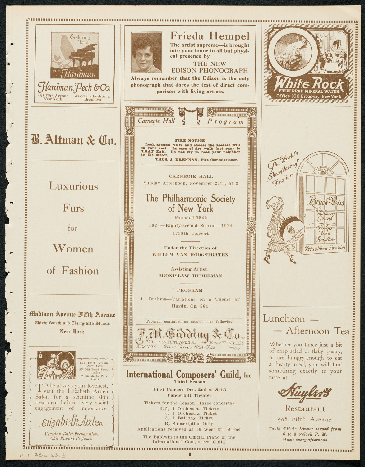 New York Philharmonic, November 25, 1923, program page 5