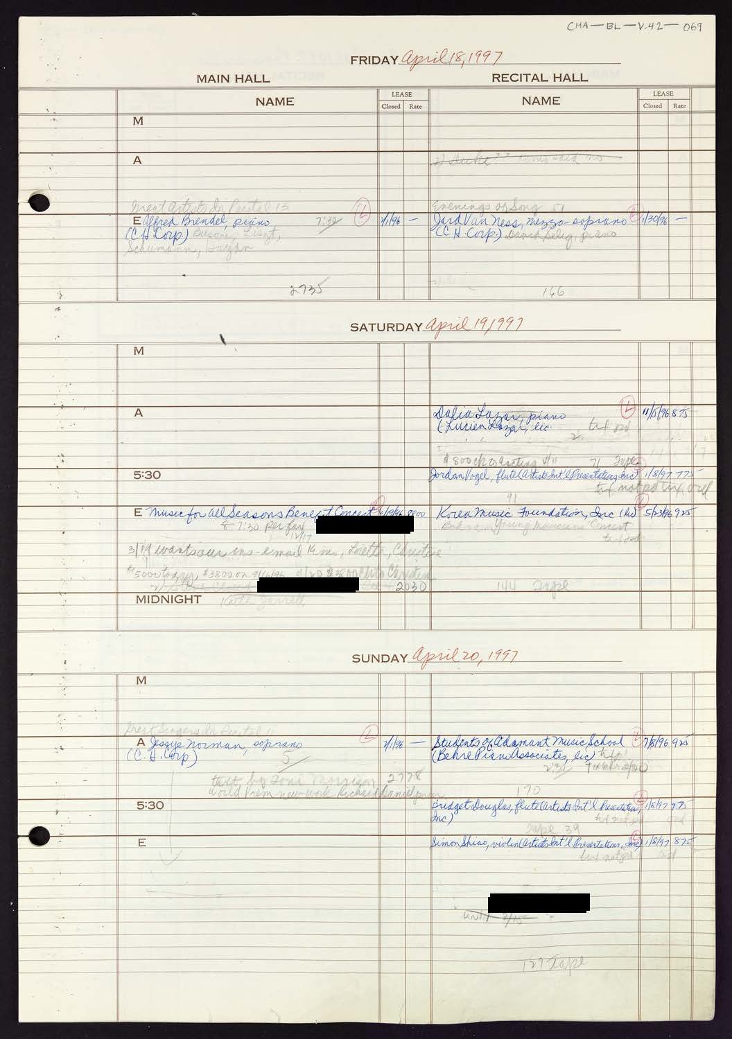 Carnegie Hall Booking Ledger, volume 42, page 69