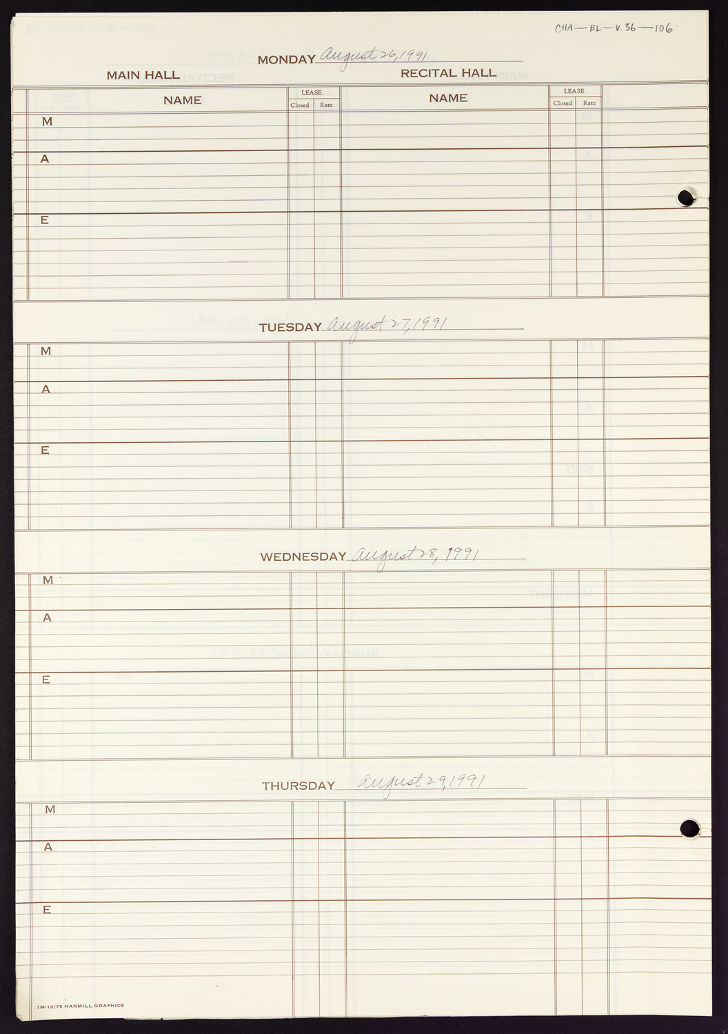 Carnegie Hall Booking Ledger, volume 36, page 106