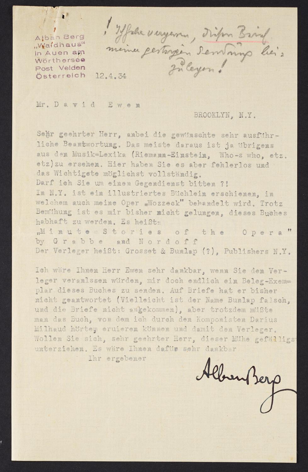 Correspondence from Alban Berg to David Ewen, page 1 of 3