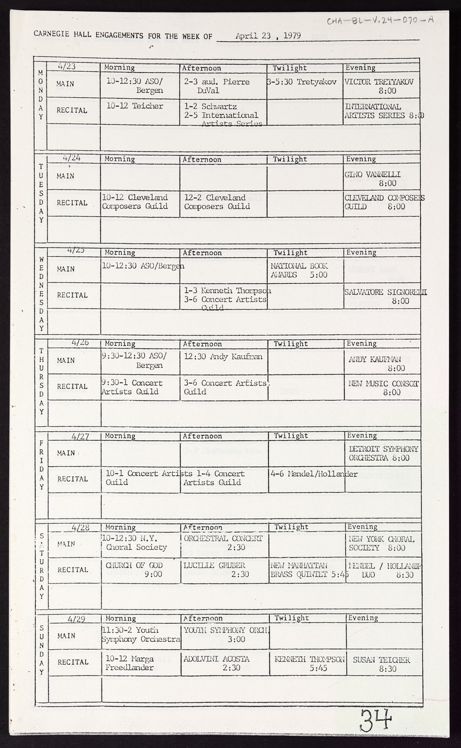 Carnegie Hall Booking Ledger, volume 24, page 70a