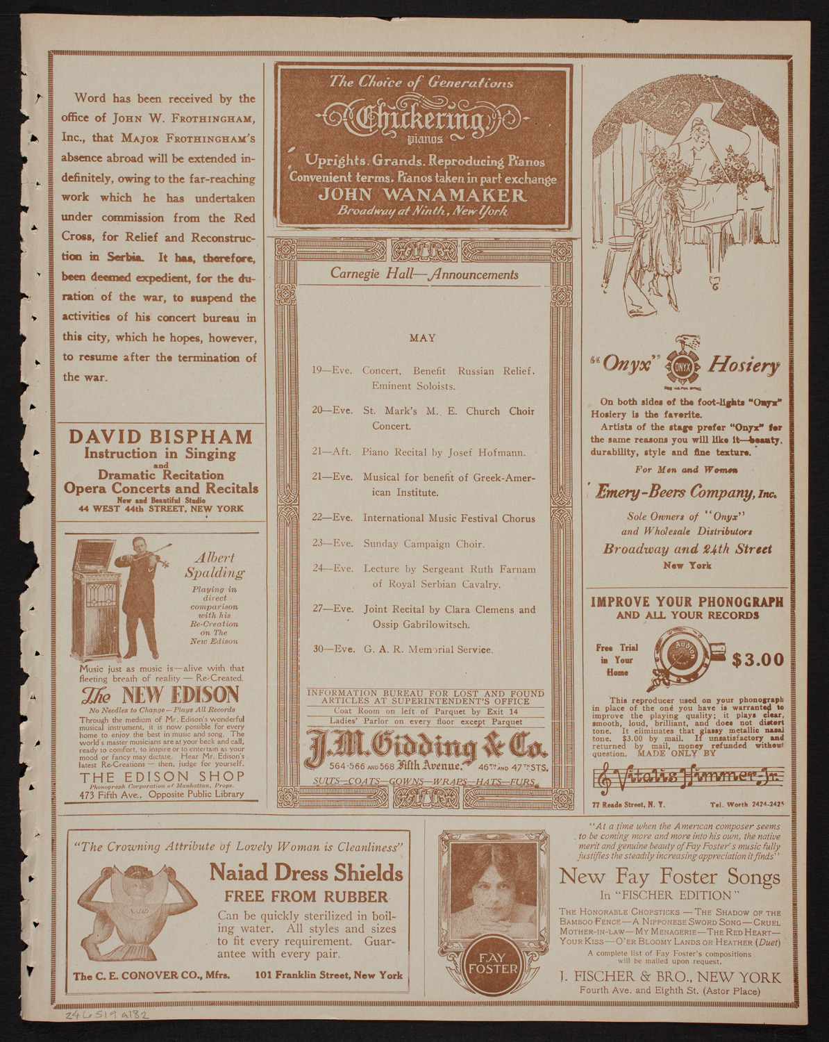 Josef Rosenblatt, Tenor, May 19, 1918, program page 3