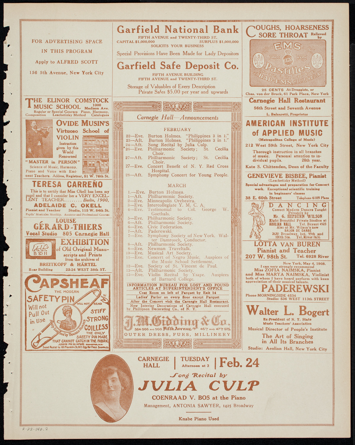 New York Philharmonic, February 22, 1914, program page 3