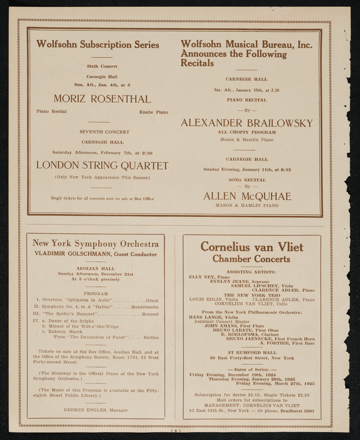 Wanda Landowska, Paul Kochanski, Rene Pollain, and Evsei Beloussoff, December 12, 1924, program page 8