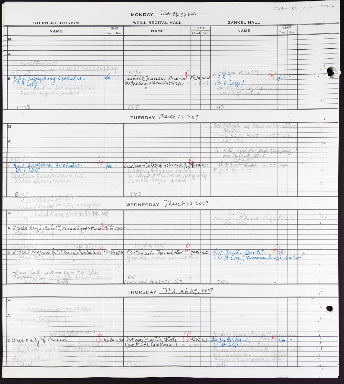 Carnegie Hall Booking Ledger, volume 52, page 62