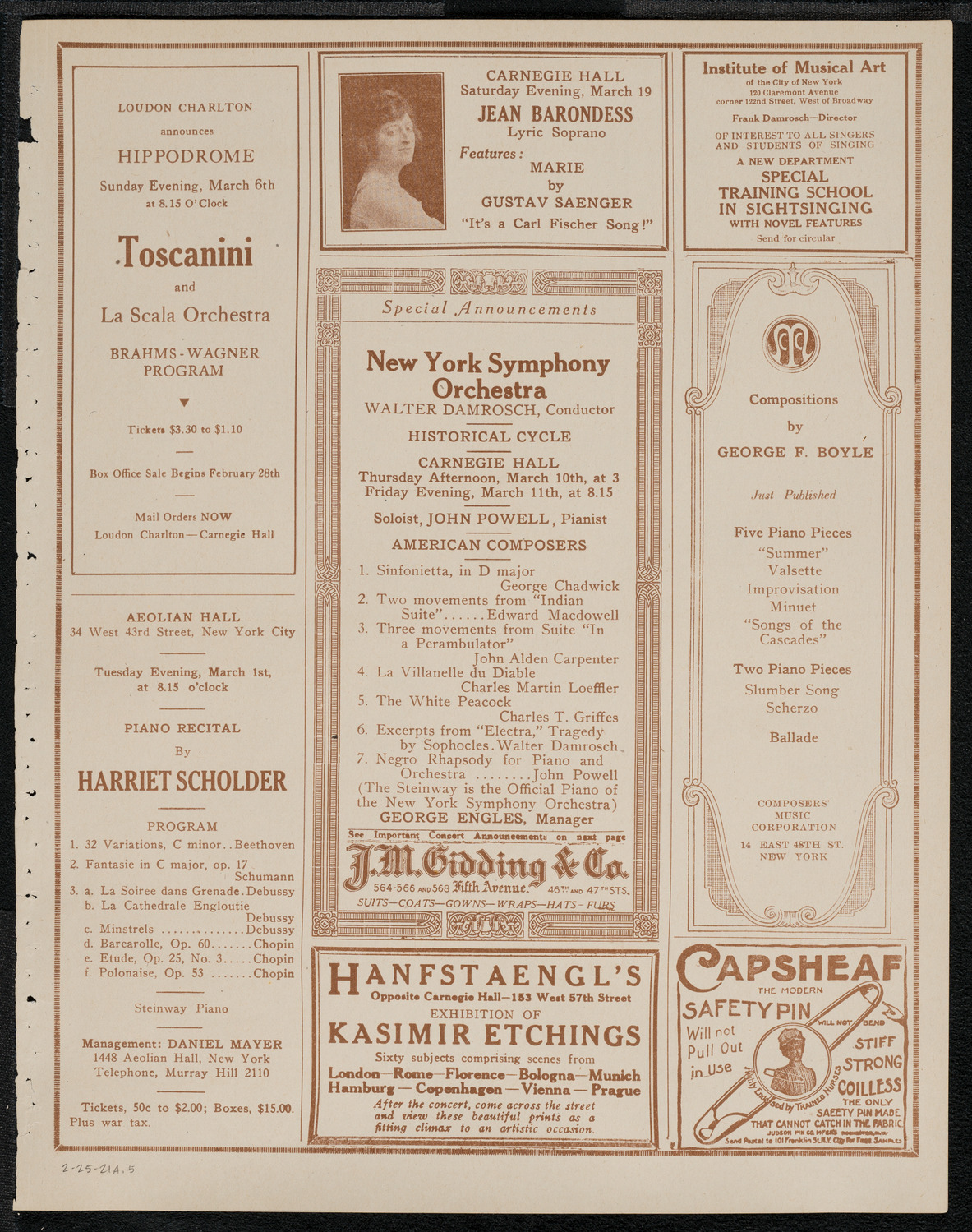 New York Philharmonic, February 25, 1921, program page 9