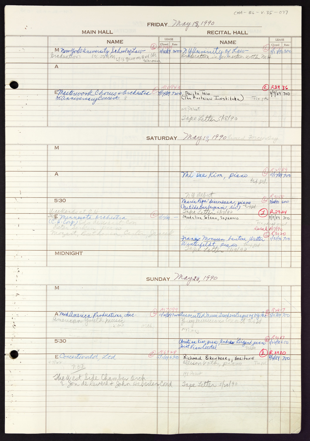 Carnegie Hall Booking Ledger, volume 35, page 77