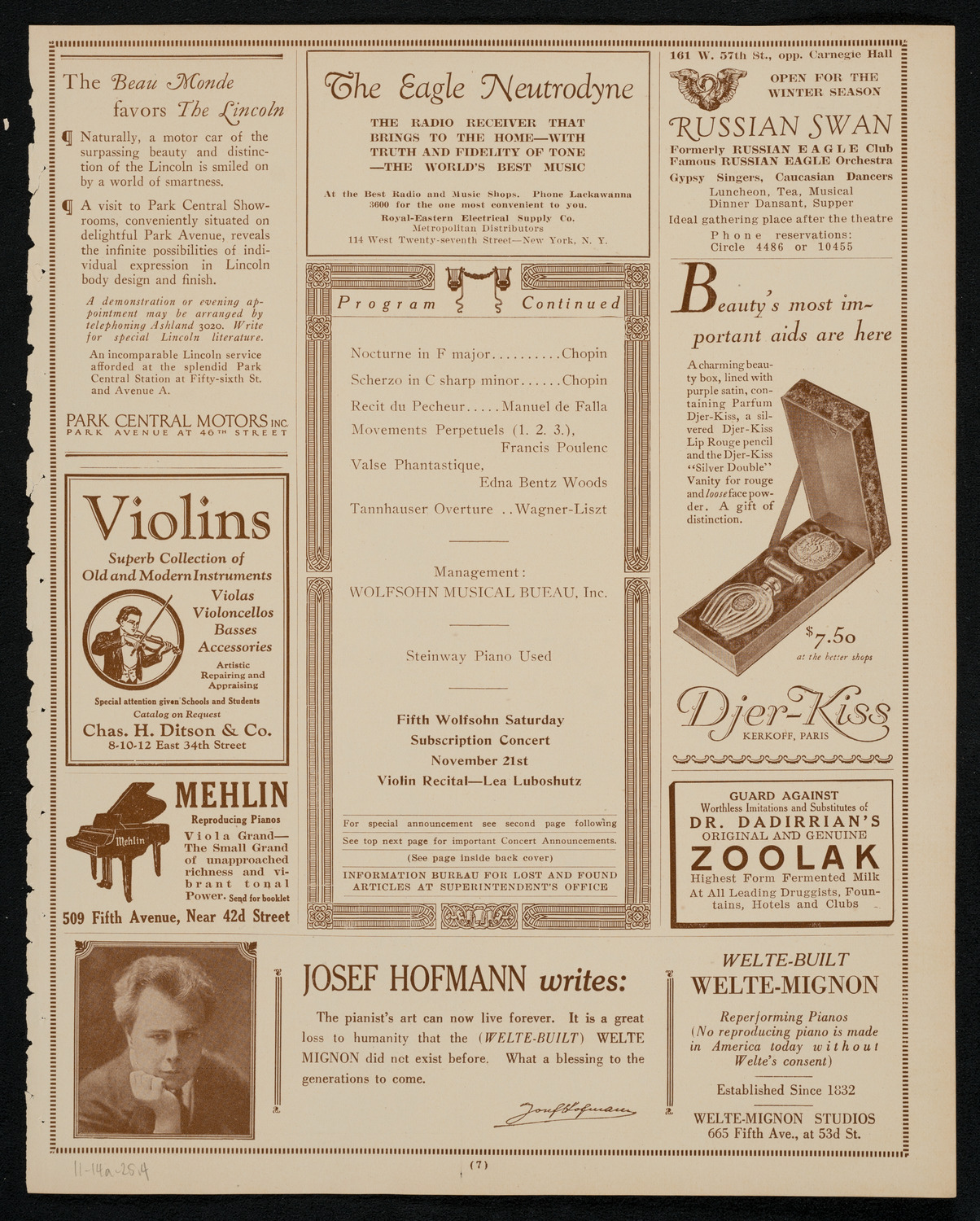 Josef Hofmann, Piano, November 14, 1925, program page 7