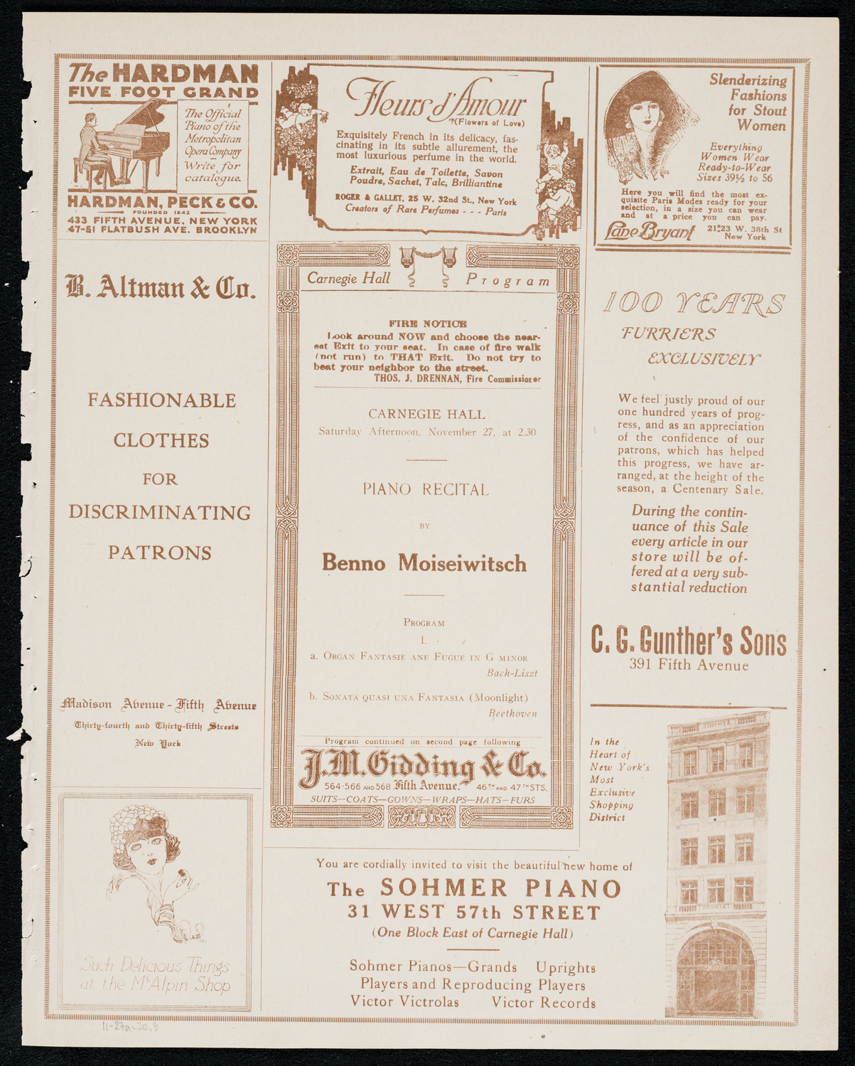 Benno Moiseiwitsch, Piano, November 27, 1920, program page 5