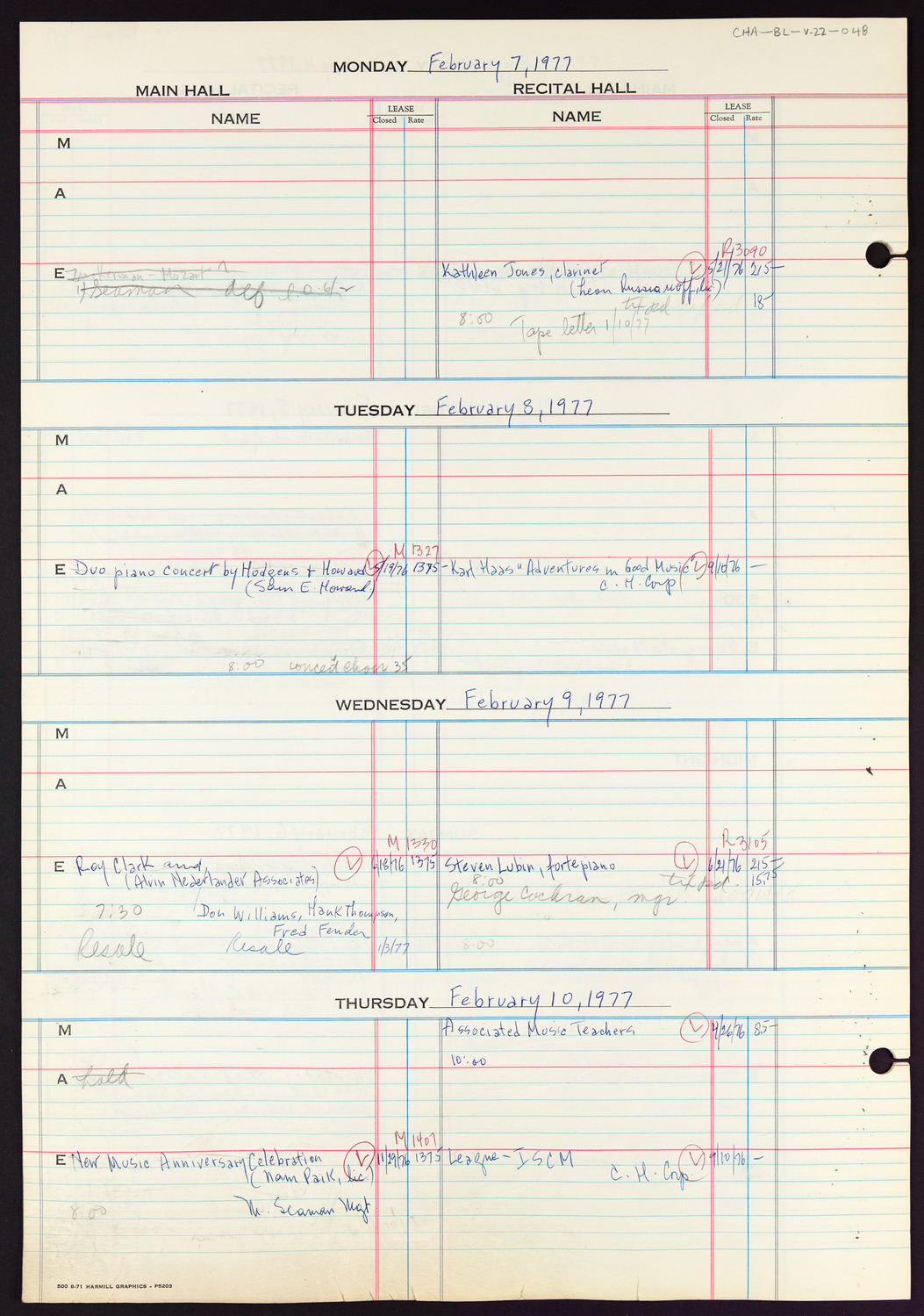 Carnegie Hall Booking Ledger, volume 22, page 48