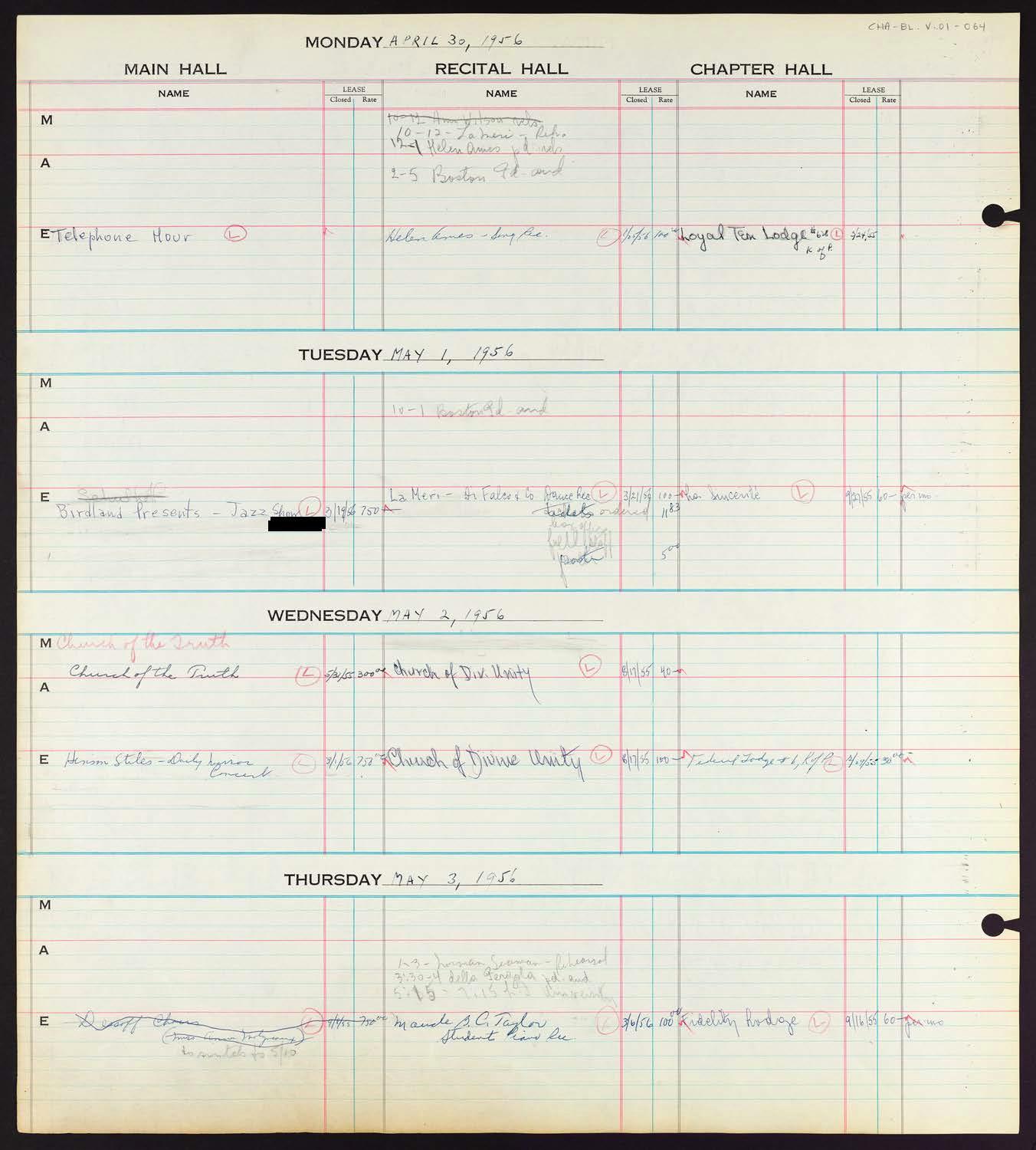 Carnegie Hall Booking Ledger, volume 1, page 64