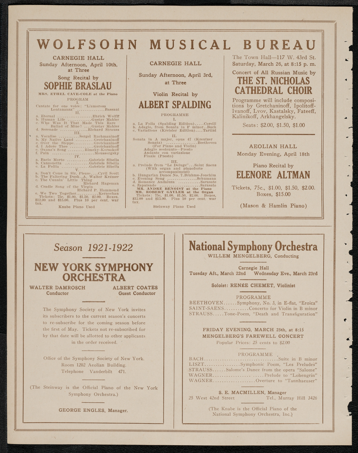 National Symphony Orchestra, March 20, 1921, program page 8