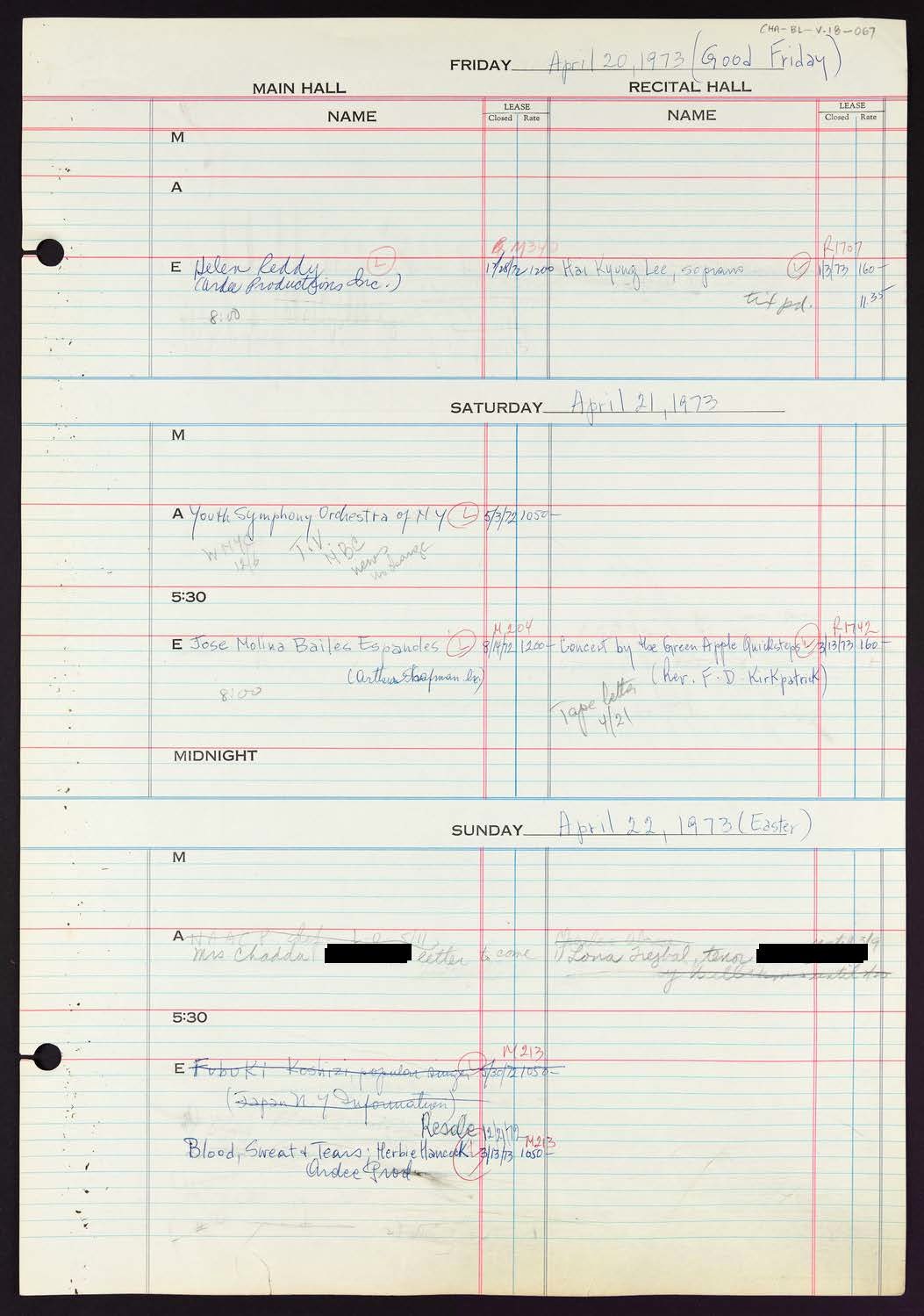 Carnegie Hall Booking Ledger, volume 18, page 67