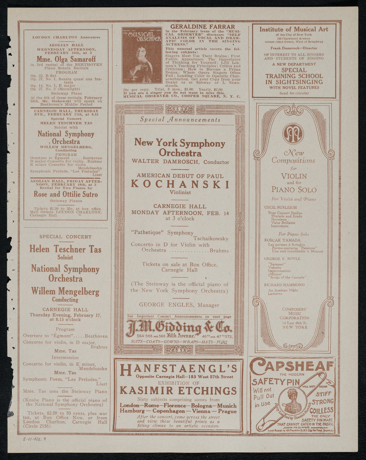 New York Symphony Orchestra, February 11, 1921, program page 9