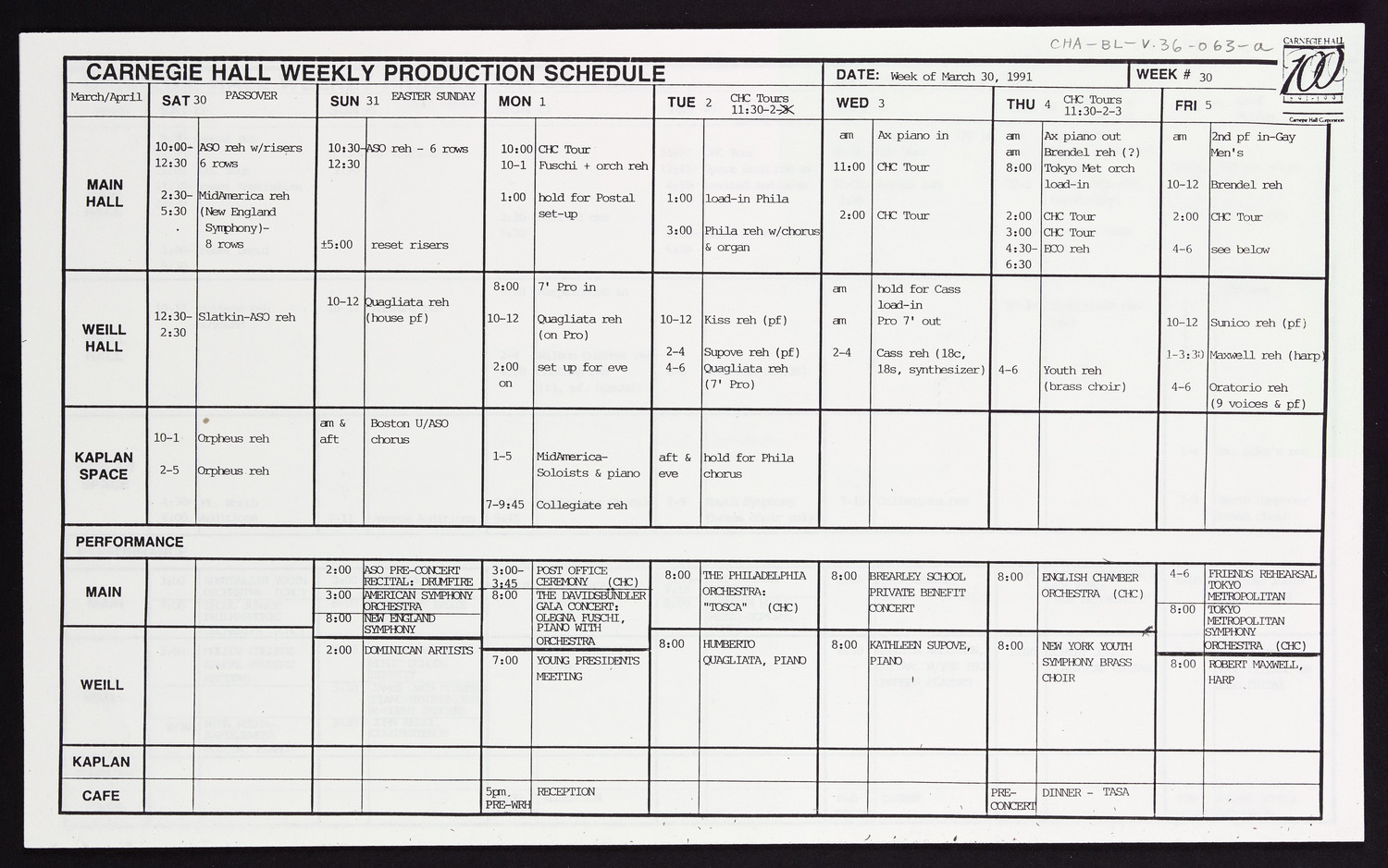 Carnegie Hall Booking Ledger, volume 36, page 63a