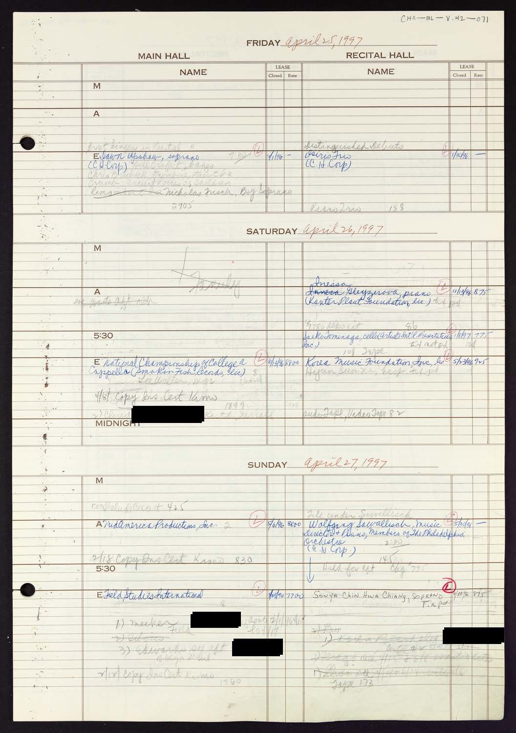 Carnegie Hall Booking Ledger, volume 42, page 71