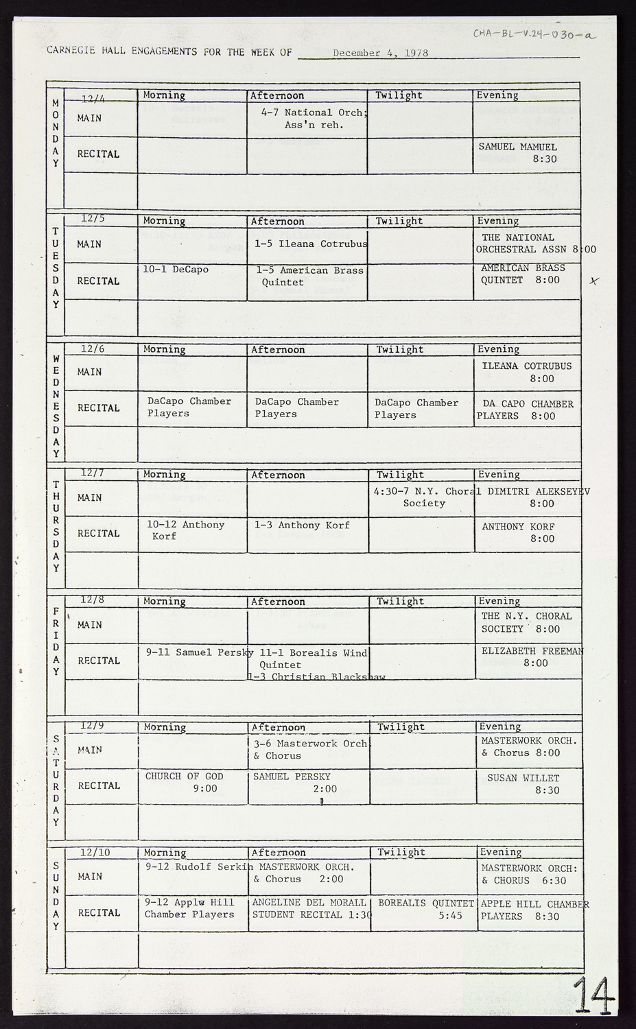 Carnegie Hall Booking Ledger, volume 24, page 30a