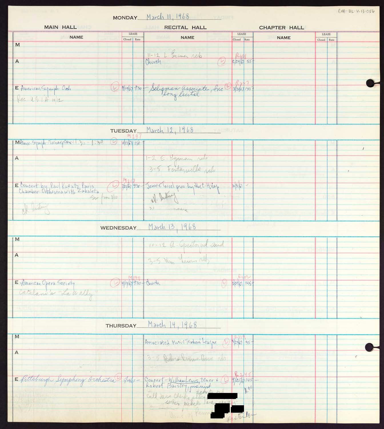 Carnegie Hall Booking Ledger, volume 13, page 56