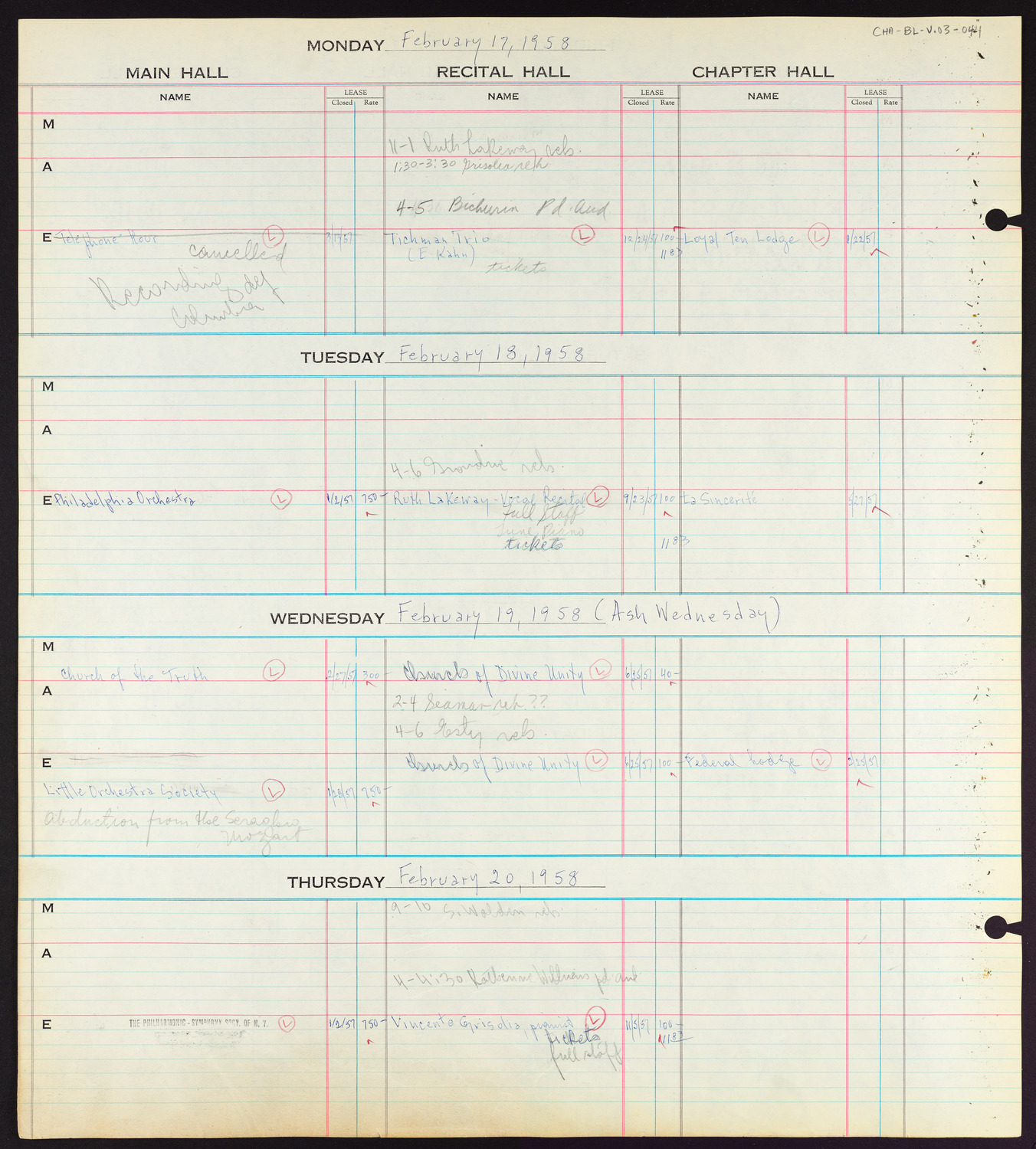 Carnegie Hall Booking Ledger, volume 3, page 44