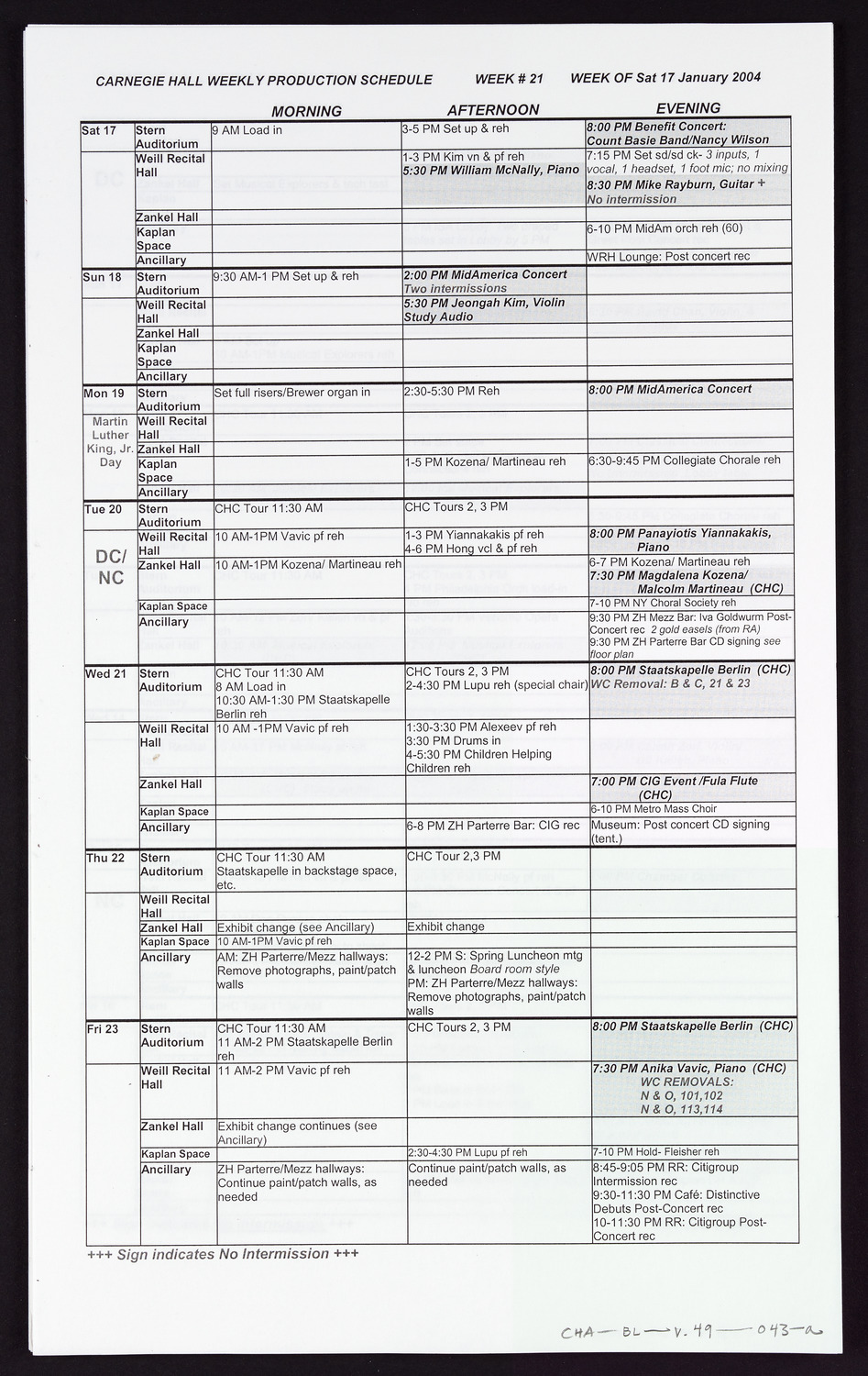 Carnegie Hall Booking Ledger, volume 49, page 43a