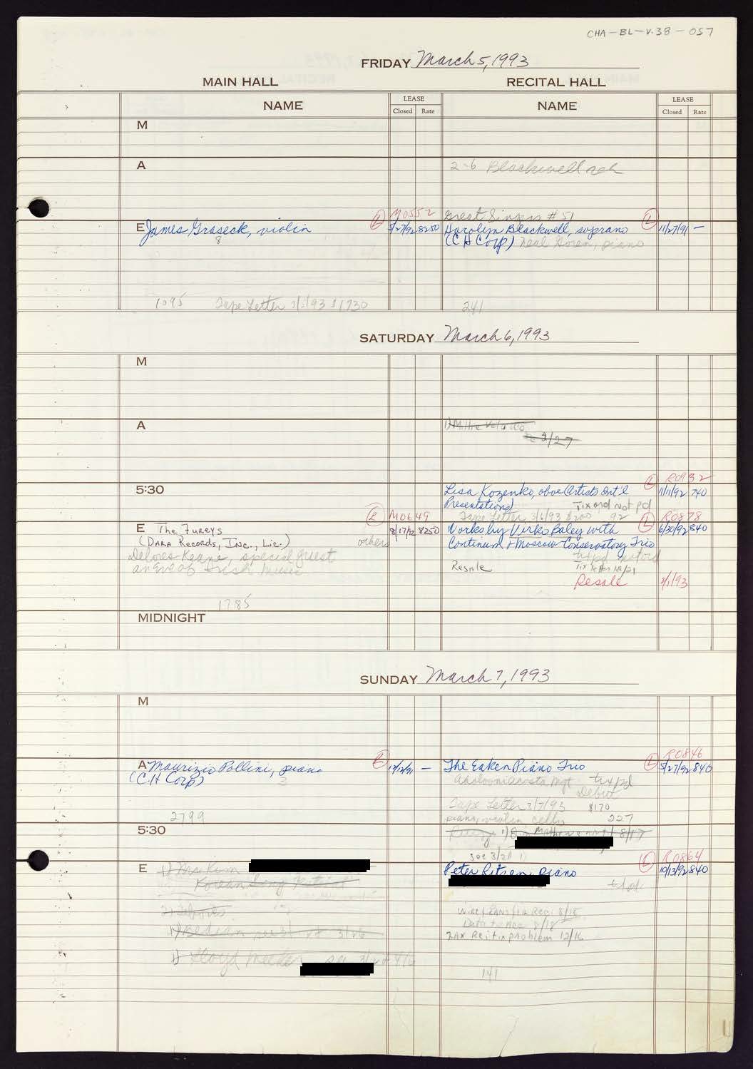 Carnegie Hall Booking Ledger, volume 38, page 57