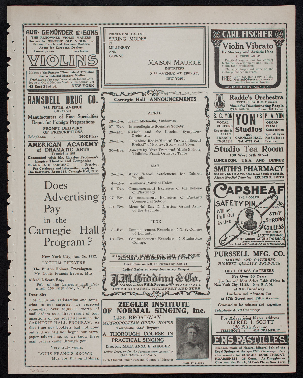 Maximilian Pilzer, Violin, April 25, 1912, program page 3