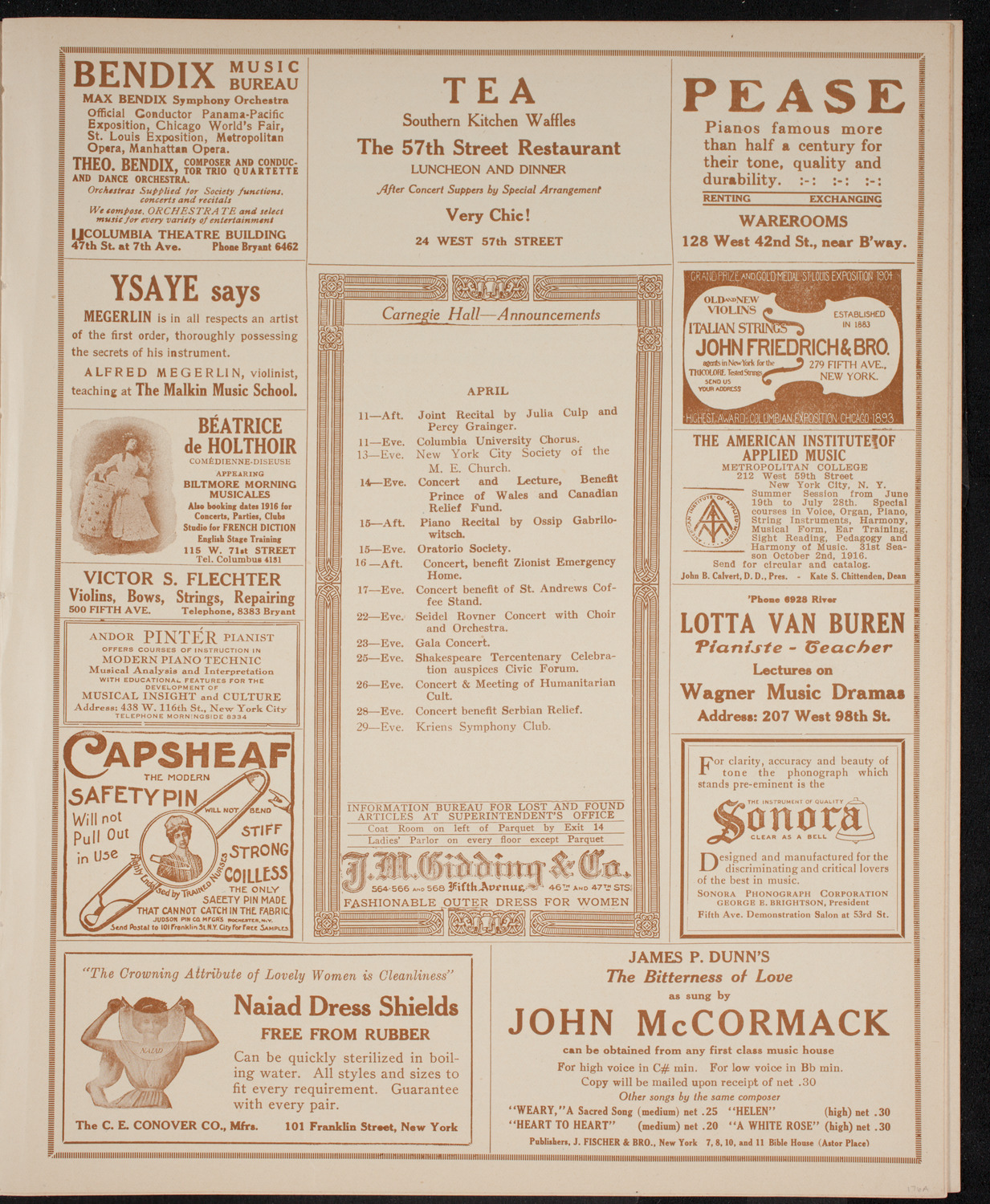 John McCormack, Tenor, April 9, 1916, program page 3