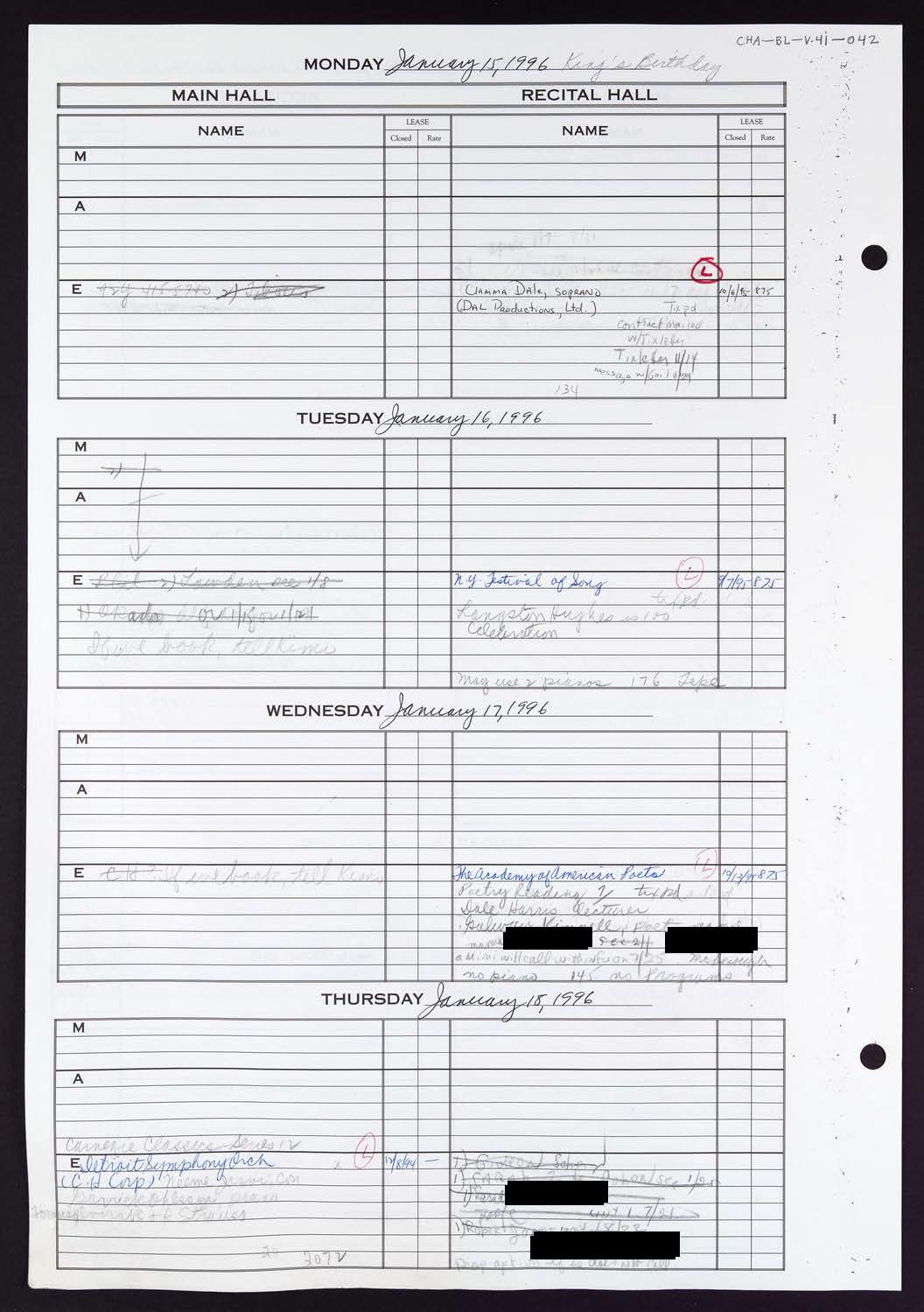 Carnegie Hall Booking Ledger, volume 41, page 42