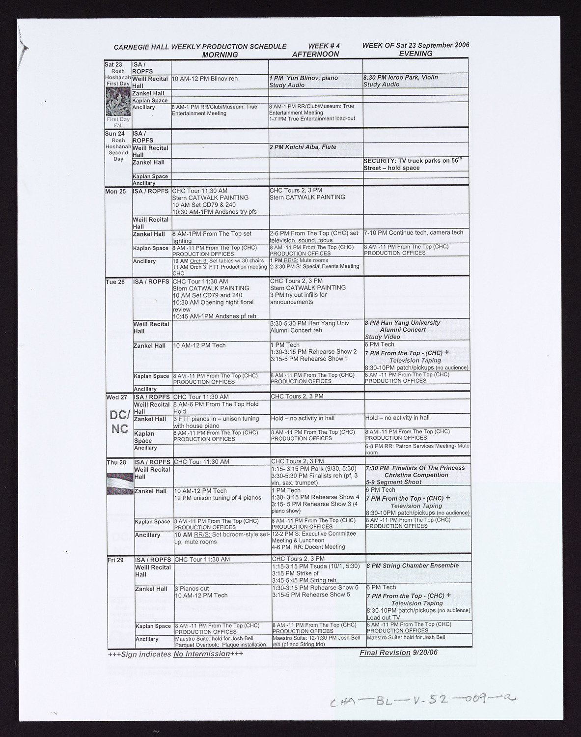 Carnegie Hall Booking Ledger, volume 52, page 9a