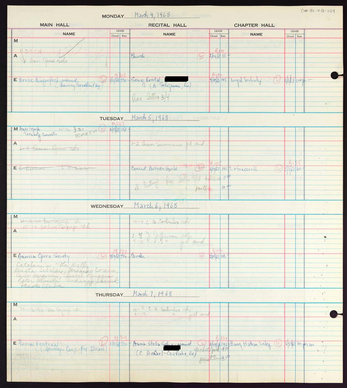 Carnegie Hall Booking Ledger, volume 13, page 54