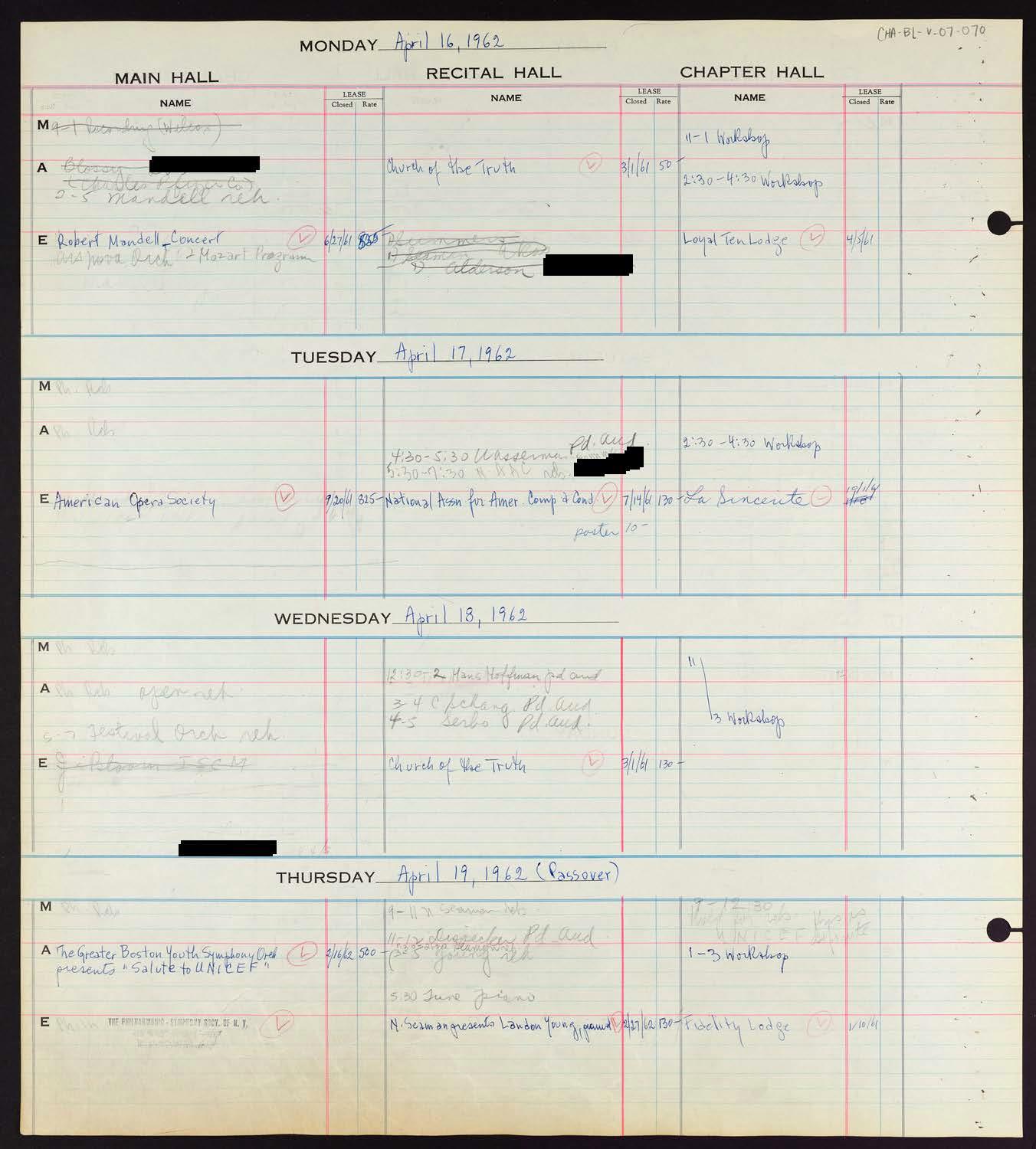 Carnegie Hall Booking Ledger, volume 7, page 70