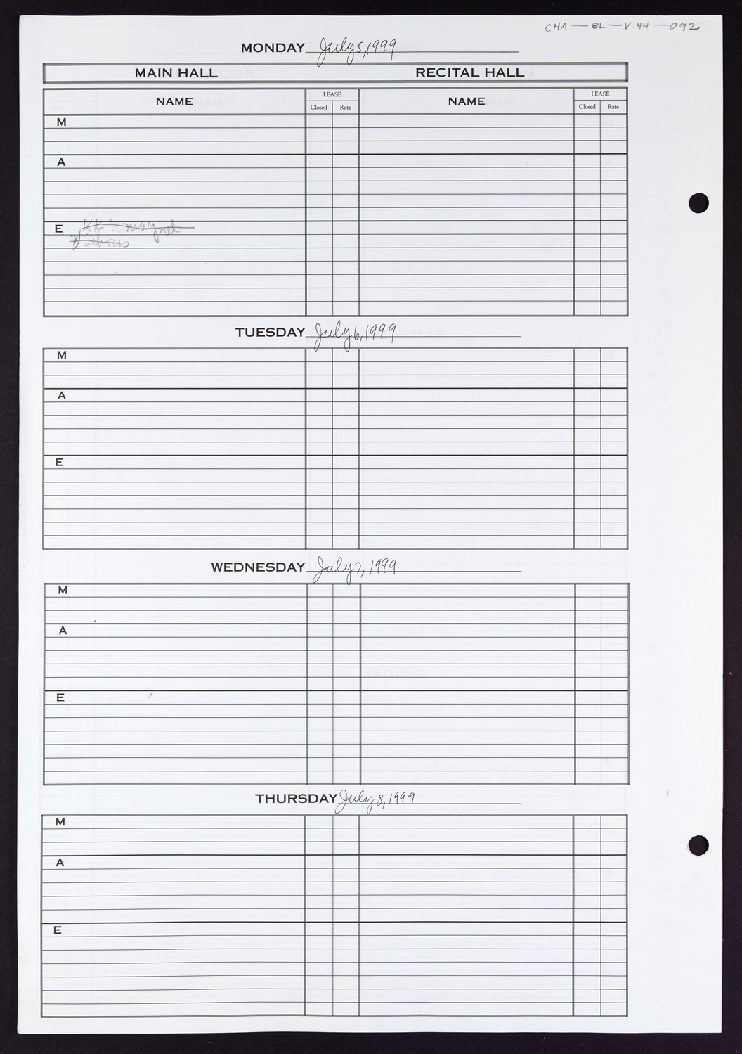 Carnegie Hall Booking Ledger, volume 44, page 92